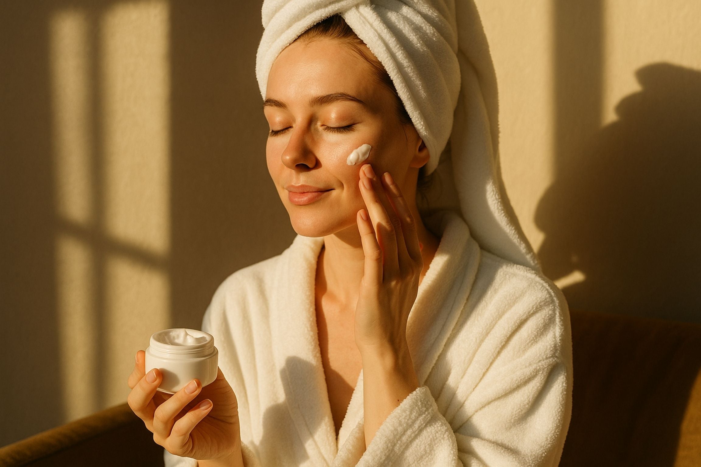 En dame som smører creme på efter brug af hendes lysterapiamaske