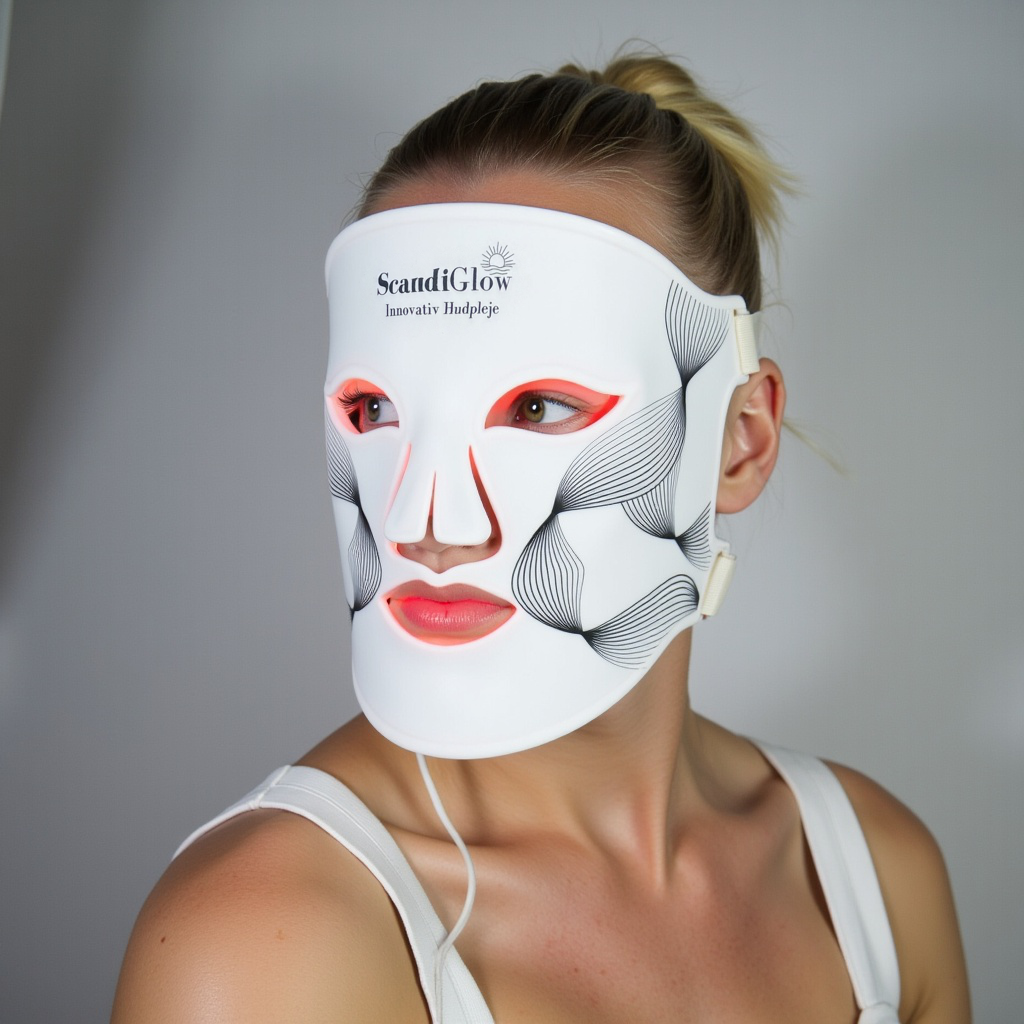 Model med ScandiGlow lysterapi maske der reducerer udbrud og giver en mere balanceret hud.