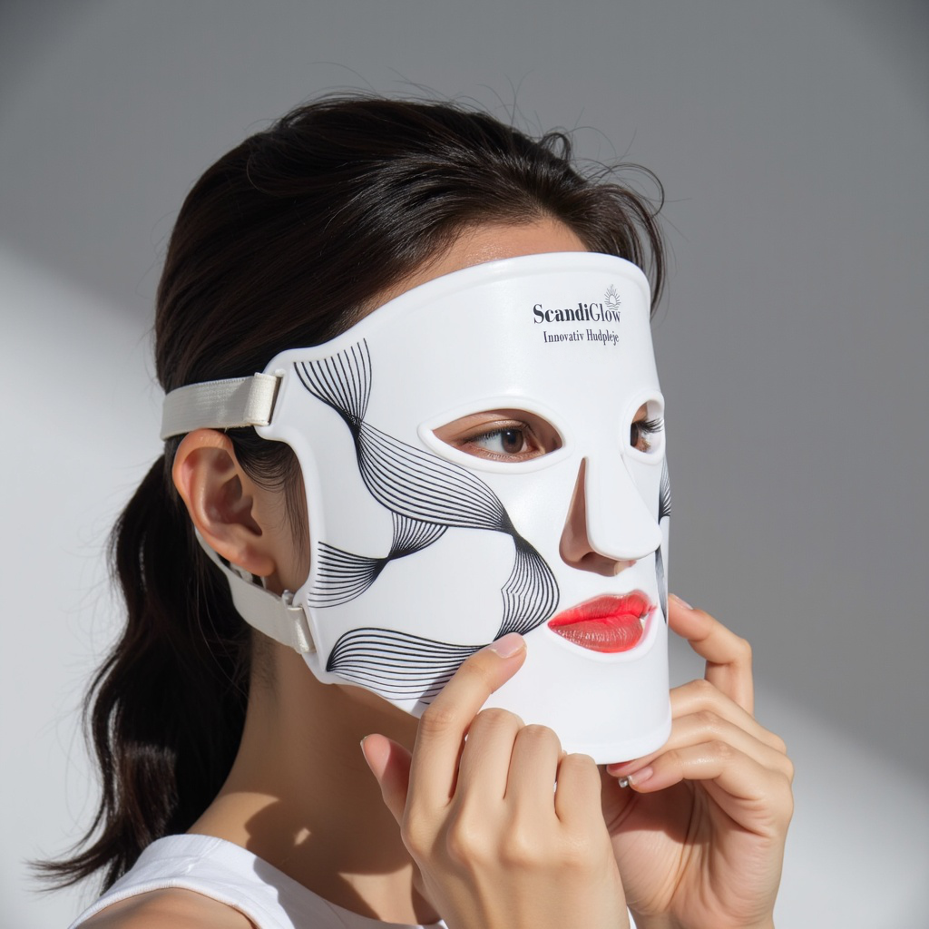 Model bruger ScandiGlow Radiance lysterapi maske til anti-aging, rødme og akne behandling.